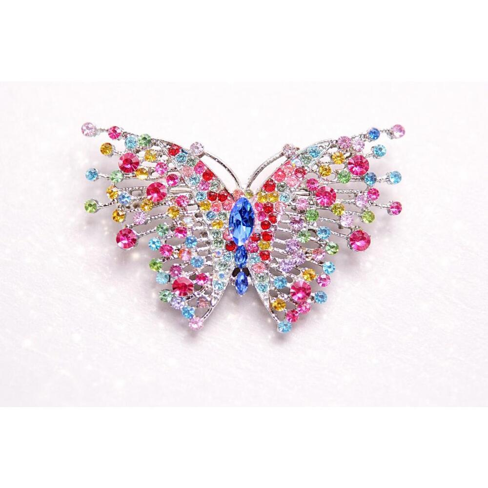 Vintage Rhinestone Butterfly Brooch Multicolor Crystal Statement Pin